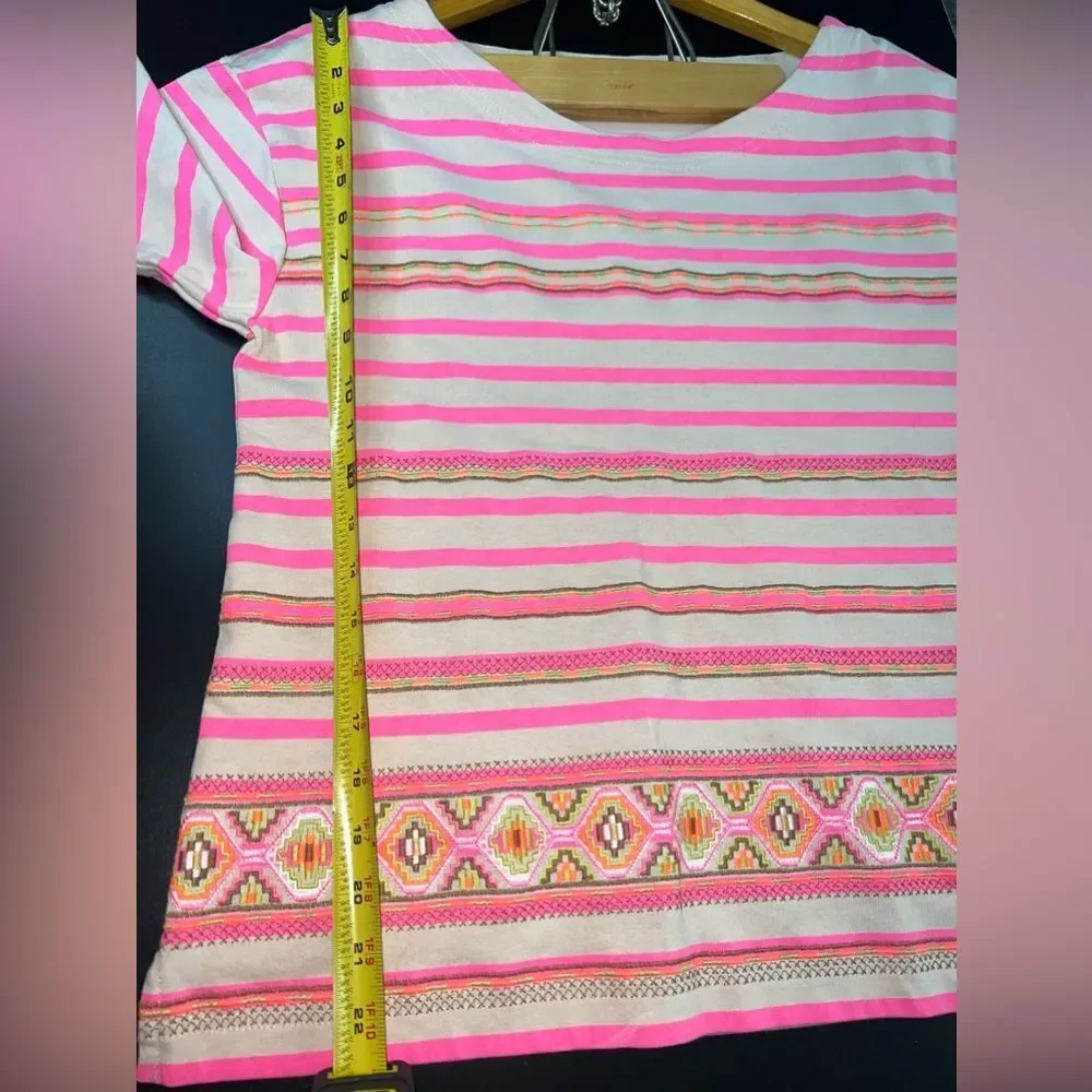 J.Crew Stitchwork Stripe Top Pink Neon Embroidered 3/4 Sleeve Top Size M NWOT